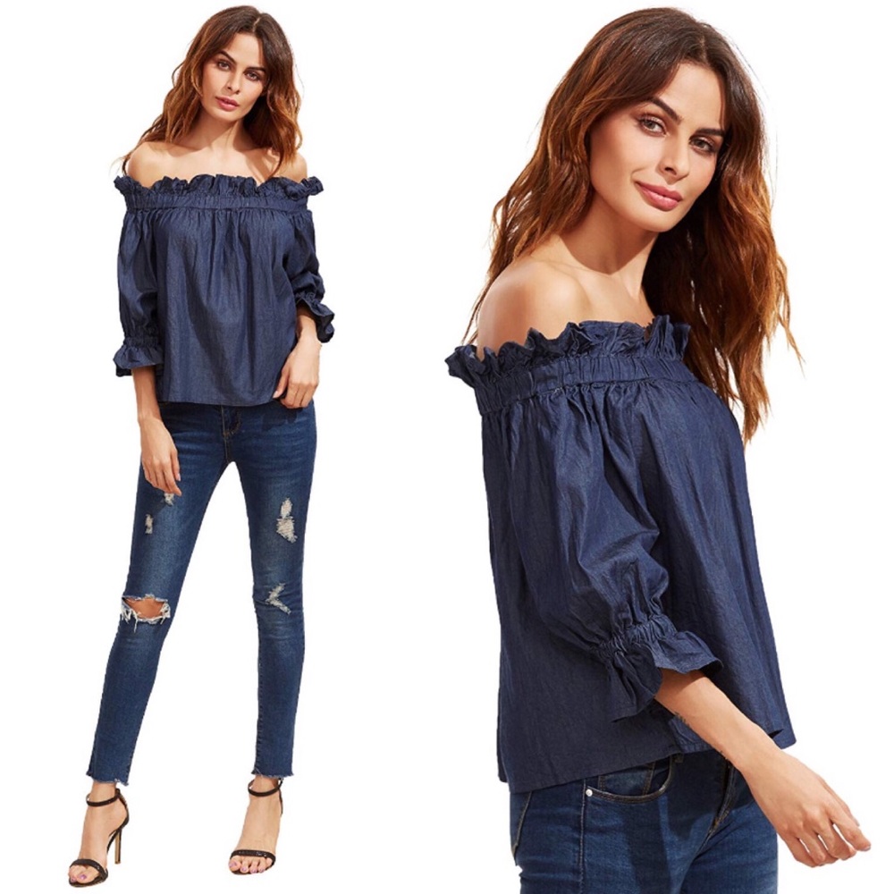 Denim Chambray Off Shoulder Ruffled 3/4 Sleeve Top - Picture 4 of 5